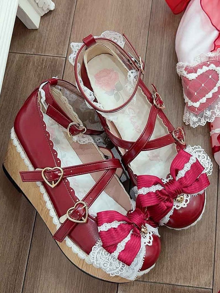 Red Bow at Top Crisscross Design Heart Buckles Lace Trim Platforms