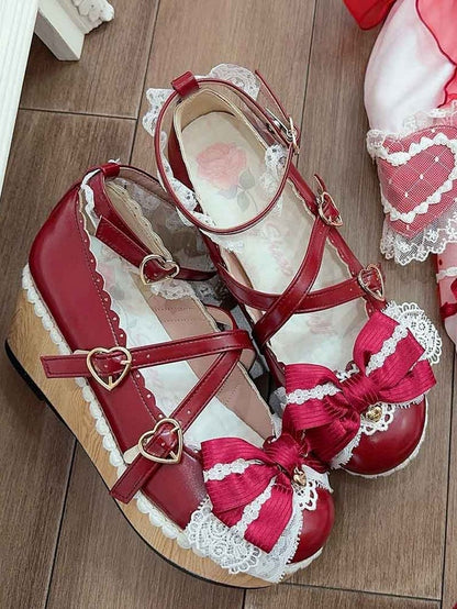 Red Bow at Top Crisscross Design Heart Buckles Lace Trim Platforms