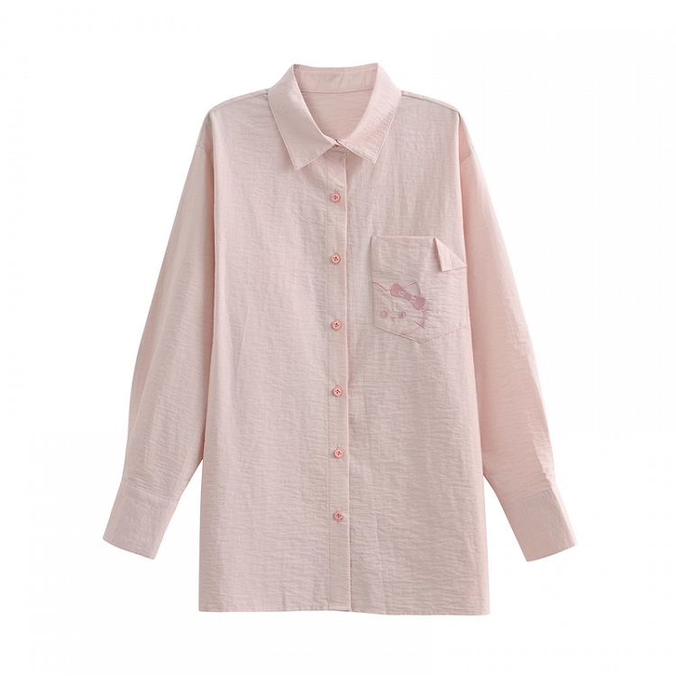 Kitty Embroidery on Pocket Kitty-shaped Cutout Detail Back Blue/Pink Loose Shirt
