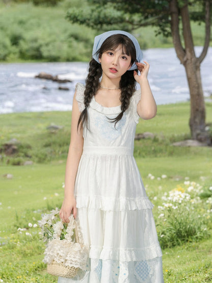 Blue Embroidery Plaid Patch White Flutter Sleeves Lace Trim Tiered Skirt Cutton Overdress