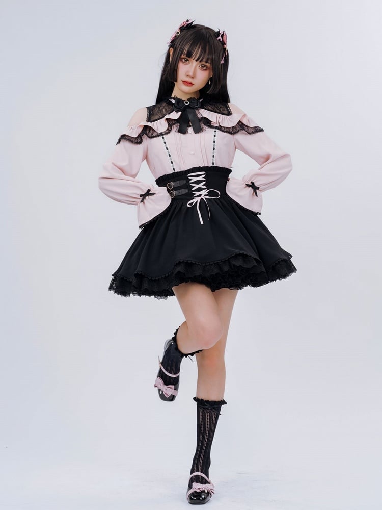 Jirai Kei Open Shoulders Long Sleeves Black and Pink Blouse