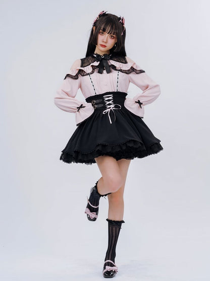 Jirai Kei Open Shoulders Long Sleeves Black and Pink Blouse