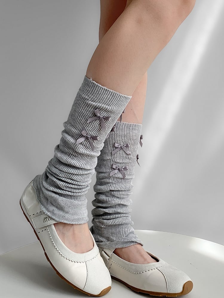Gray/White Bowknot Details Knitted Leg Warmers