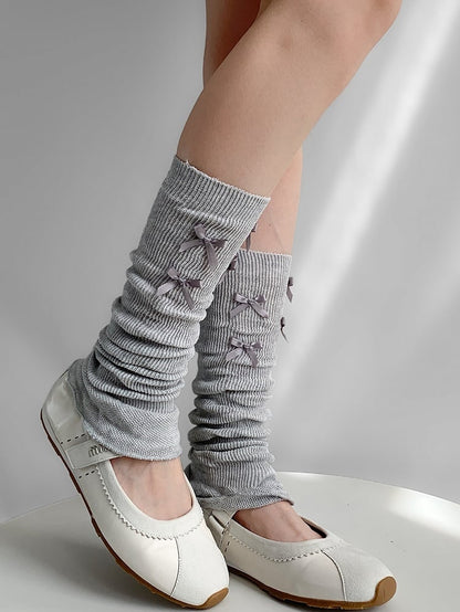 Gray/White Bowknot Details Knitted Leg Warmers