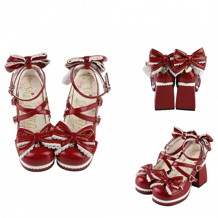 Red Crisscross Design Heart Buckles Detachable Bow at Top High Block Heels