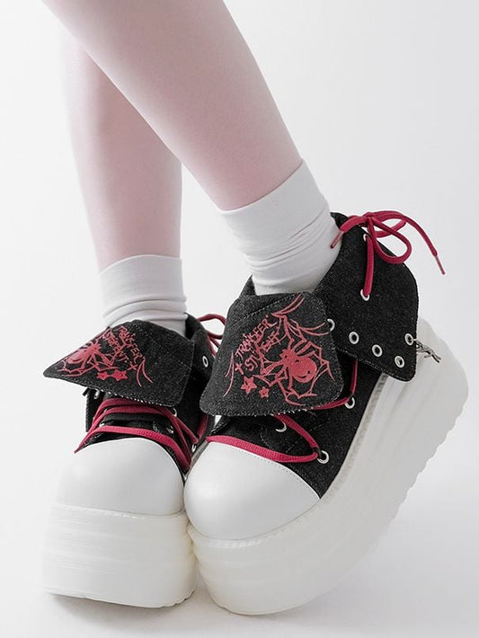 Black & Red Punk Spider Print Platform Sneakers