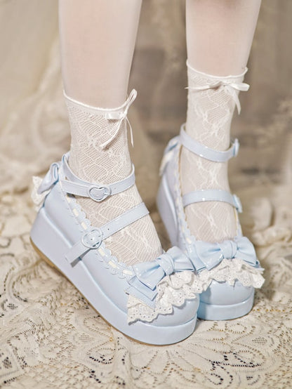 Baby Blue Bow at Top Lace Trim Heart Buckles Platforms