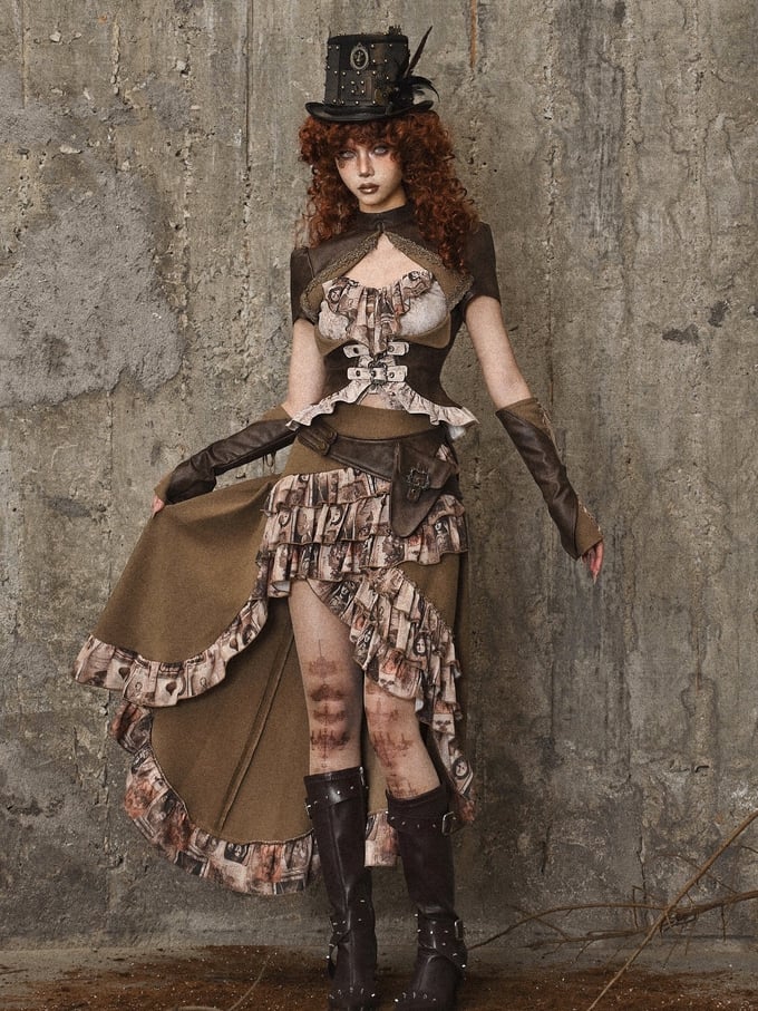 Brown Steampunk Retro Oil Painting Print High-low Skirt Cascading Ruffle Trim
