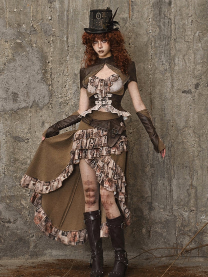 Brown Steampunk Retro Oil Painting Print High-low Skirt Cascading Ruffle Trim