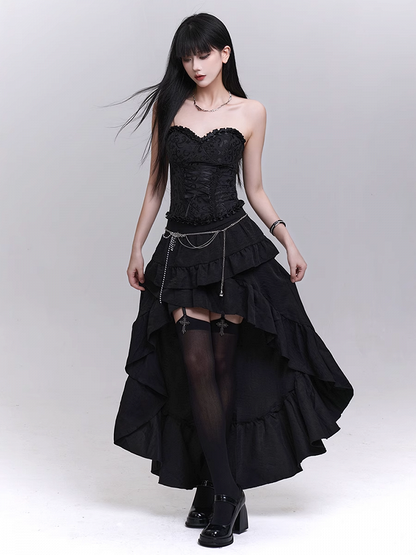Black Cascading Flounce Trim High-low Skirt