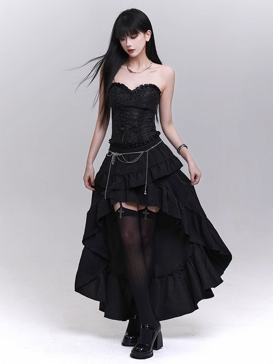 Black Cascading Flounce Trim High-low Skirt