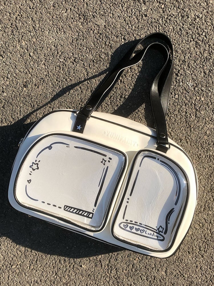 White & Black Contrast Trim Bread-shaped Ita Shoulder Bag