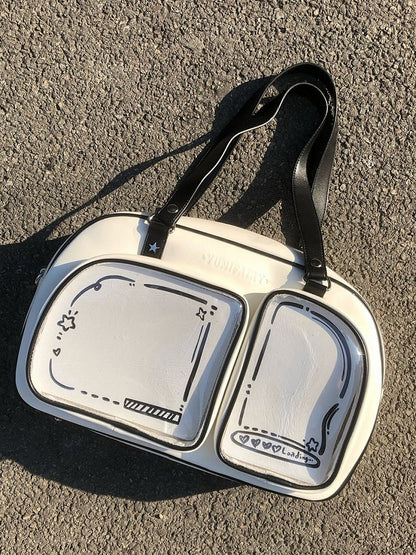 White & Black Contrast Trim Bread-shaped Ita Shoulder Bag