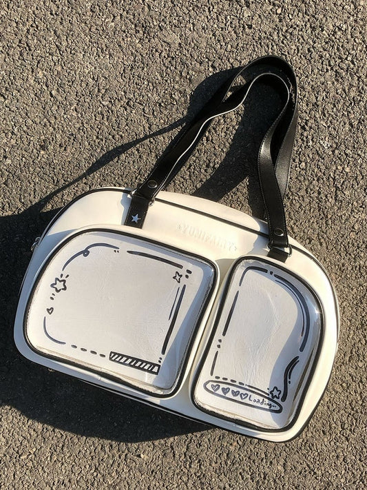 White & Black Contrast Trim Bread-shaped Ita Shoulder Bag