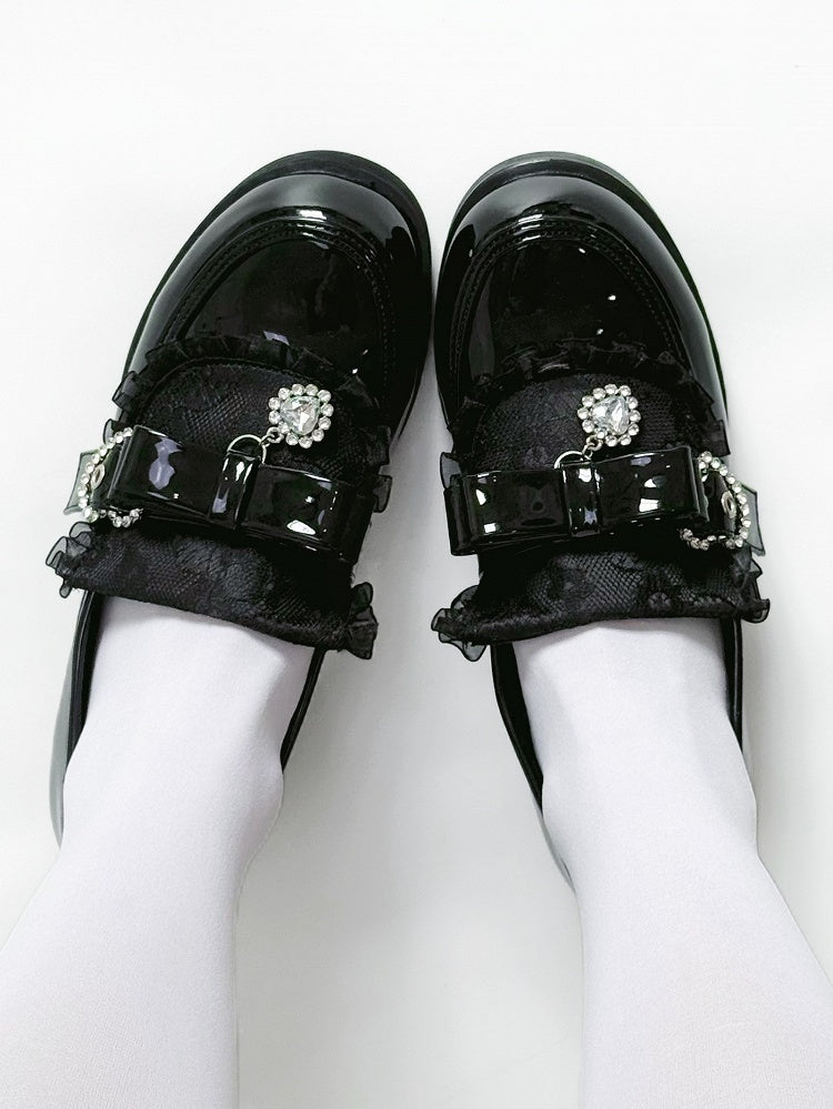 Polished Black Jirai Kei Slip-On Loafers - Low Heel with Rhinestone Decor Bow Accents