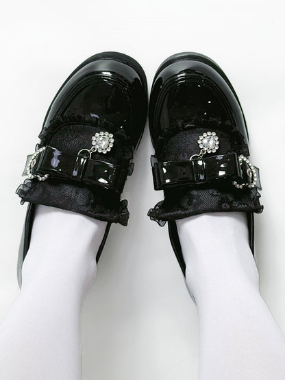 Polished Black Jirai Kei Slip-On Loafers - Low Heel with Rhinestone Decor Bow Accents