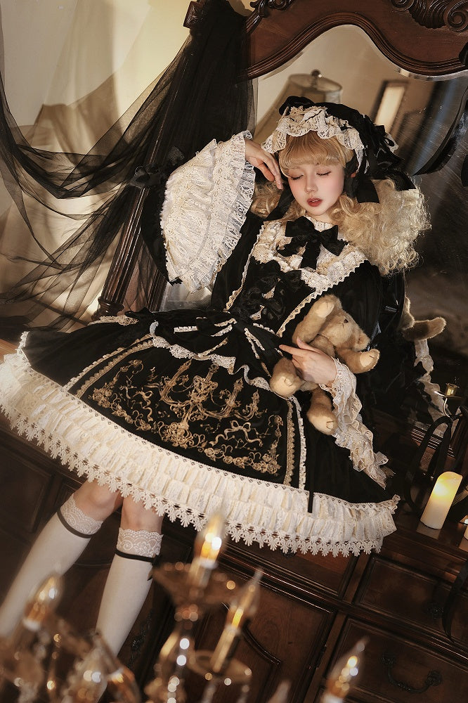 Candle and Candlestick Embroidery Black Bell Sleeves Velvet Dress Lolita OP / Set
