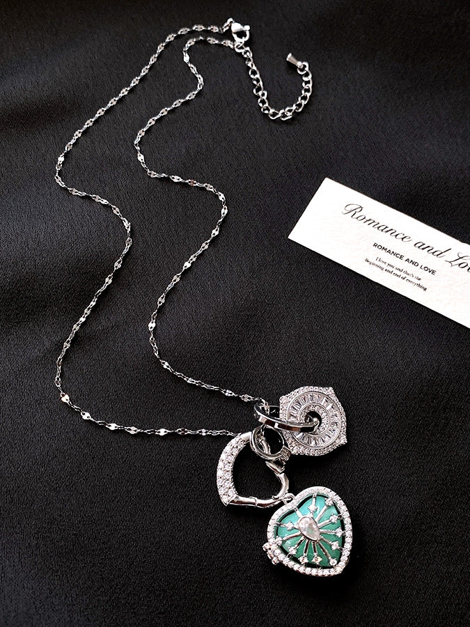 Pink/Blue/Green Y2K Bittersweet Rhinestone Heart And Cross Pendant Necklace