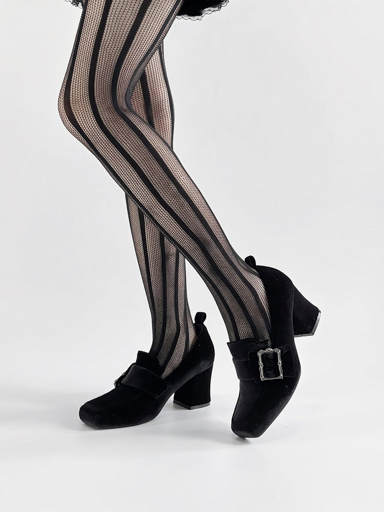 Gothic Velvet Black Square Toe High Block Heel Shoes