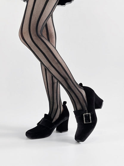 Gothic Velvet Black Square Toe High Block Heel Shoes