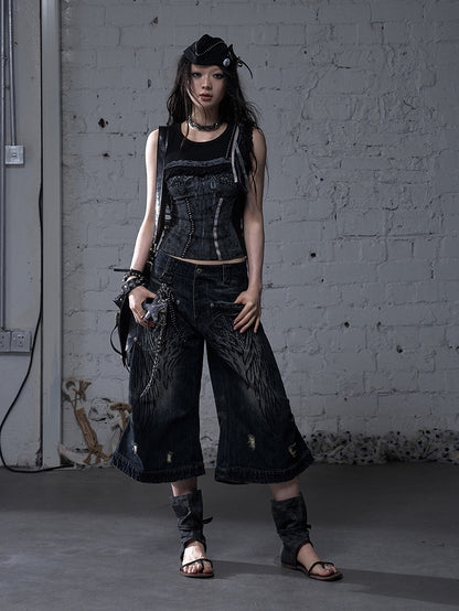 Blue/Yellow Faded Wash Distressed Holes Angel Wing Embroidery Vintage Punk Wide-leg Jeans