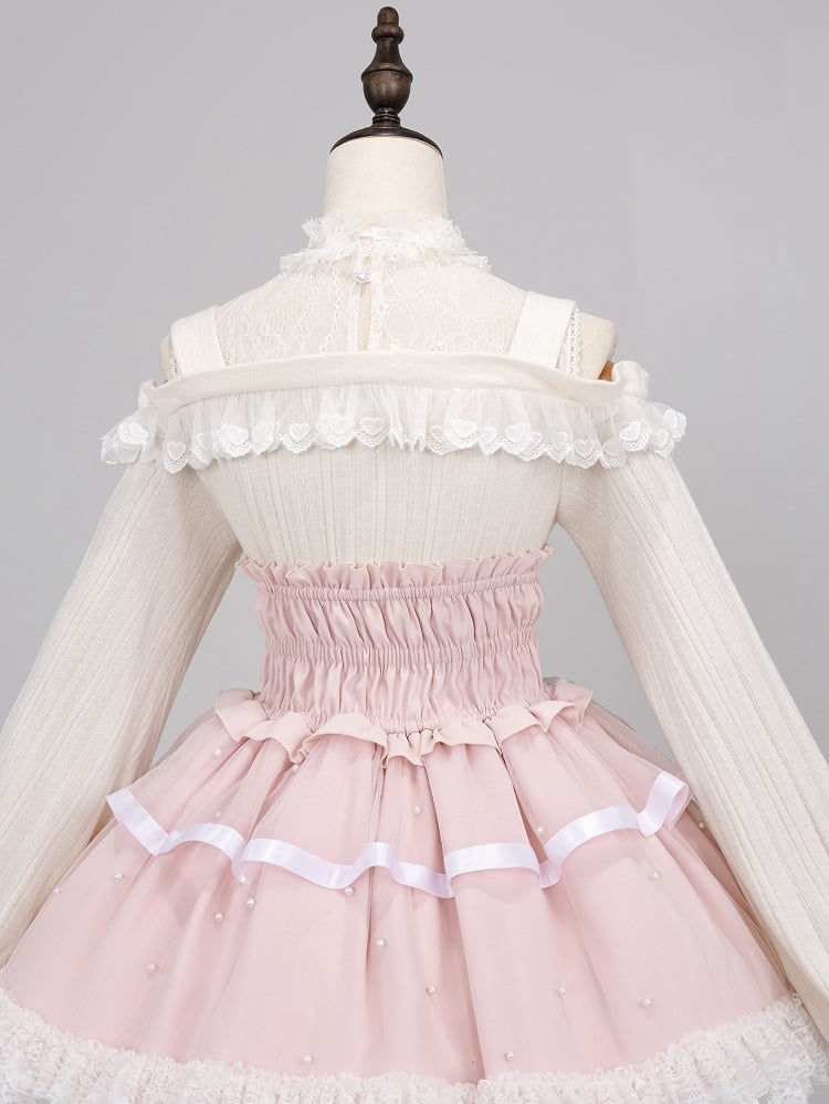 Allover Beads Pink High Waist Jirai Kei Skirt with Lace Up and Shirring Waist