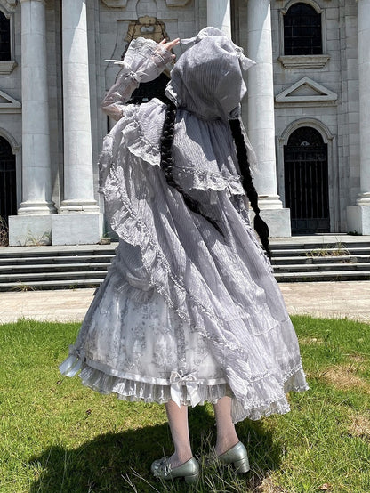 Silver Gray Cascading Ruffle Trimming Cloak