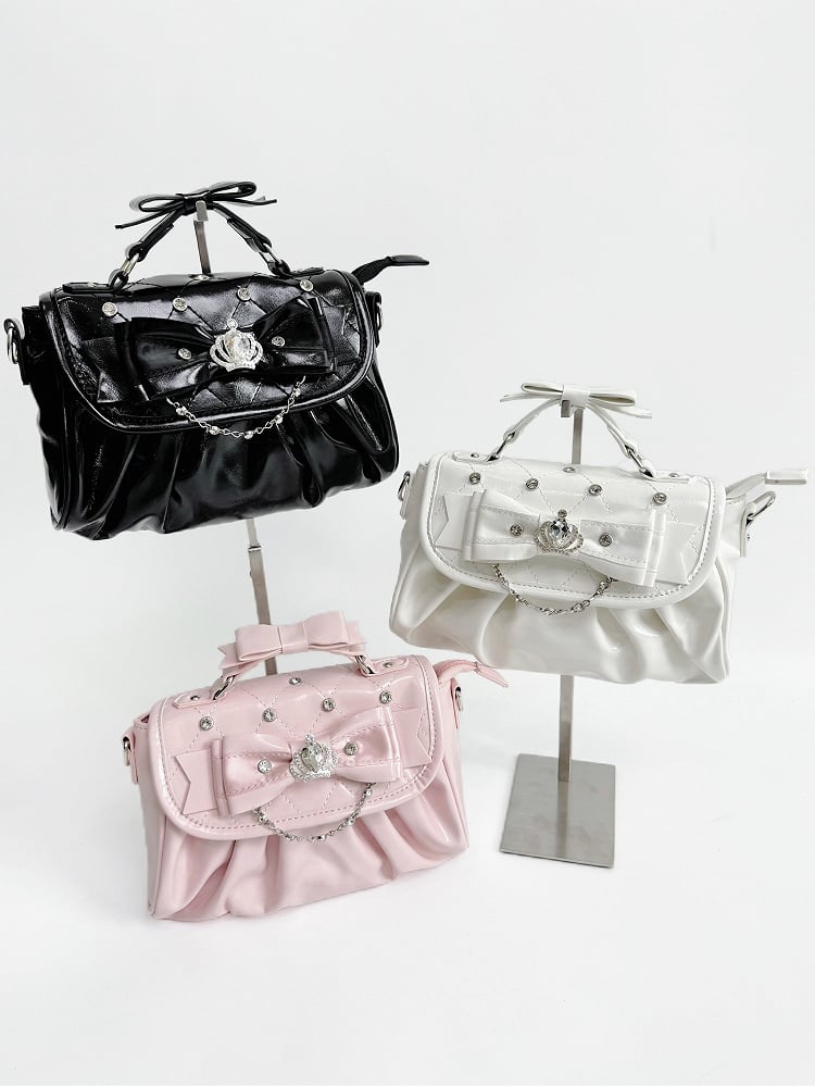 Detachable Rhinestone Strap & Crown-Embellished Bow Accent White Hand/Crossbody Bag in Jirai Kei