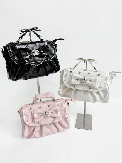 Detachable Rhinestone Strap & Crown-Embellished Bow Accent White Hand/Crossbody Bag in Jirai Kei