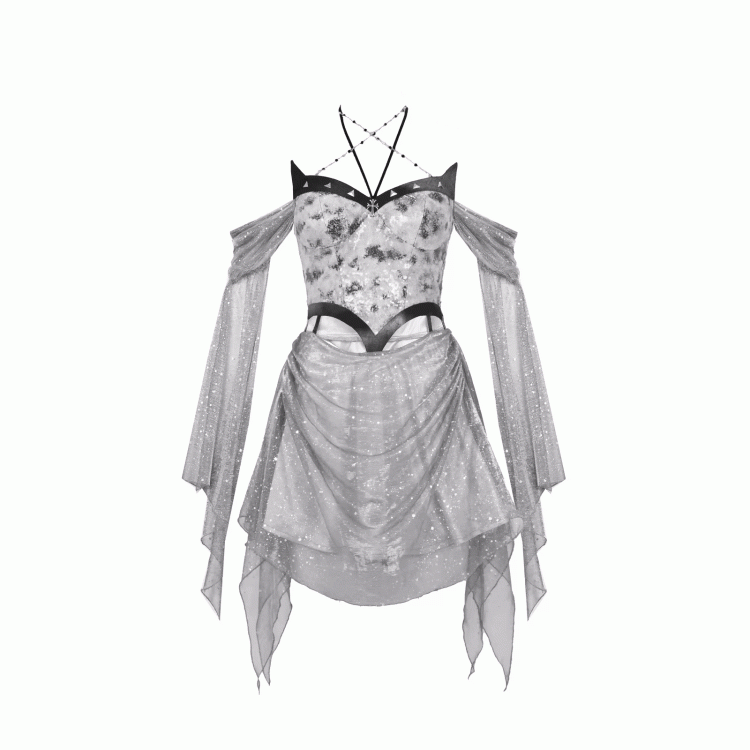 Y3K Fashion Futuristic Silver Tie Dye Halter Neck Cutout Midriff Cyberpunk Dress