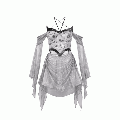 Y3K Fashion Futuristic Silver Tie Dye Halter Neck Cutout Midriff Cyberpunk Dress