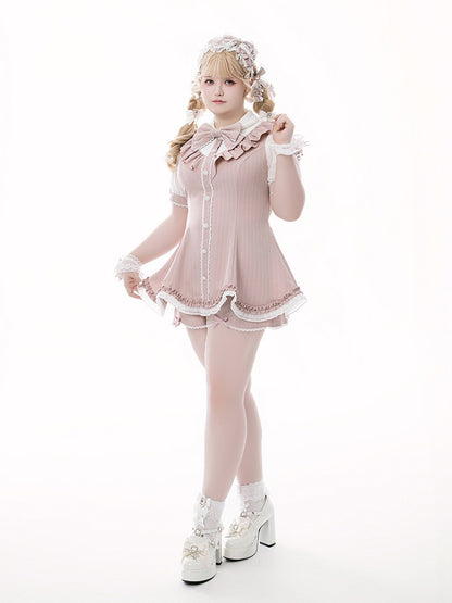 Pink Striped Jirai Kei Set: Scalloped Edge Trim Lace-up Back Top+ Shorts+ Bowknot Brooch