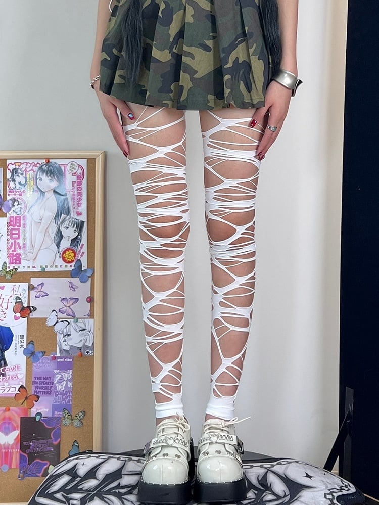 Long Version Black/White Y2K Asymmetrical Design Cut-out Details Over-knee Stockings