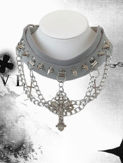 Black/White/Gray Studs Details Cross Charm Choker