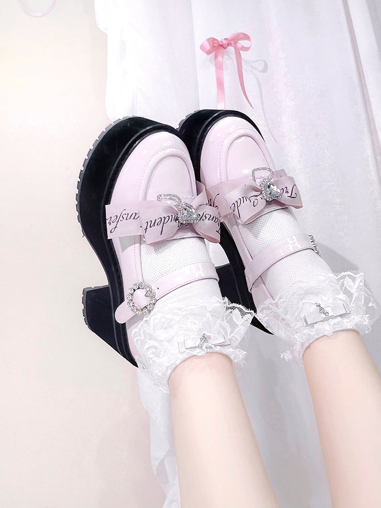 Jirai Kei Rhinestones Bow Clips Pink Chunky Heels Landmine Style Platforms