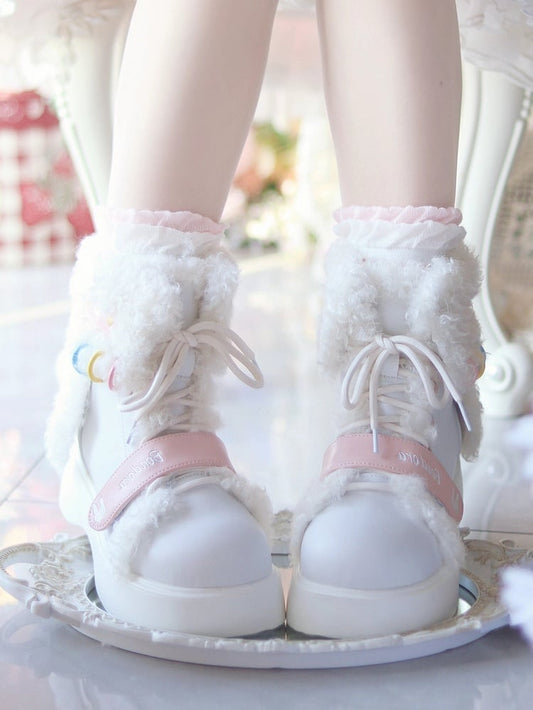 White Bunny Themed Winter Boots - Platform Sole with Plush Ear Accents & Hybrid Fastening