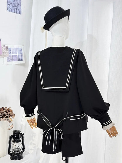 Ouji Lolita Black Preppy Ensemble: Sailor Collar Top and Shorts Set with Beige Lace Detail