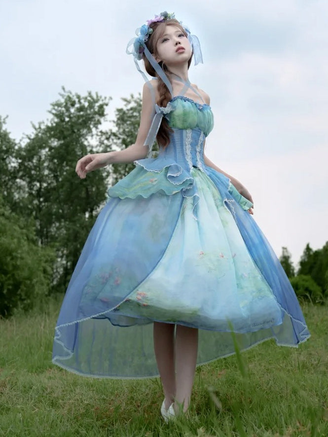 Sky Blue Fairy Oil Painting Print Tiered Flounce Hem Halter Boned Corset Top