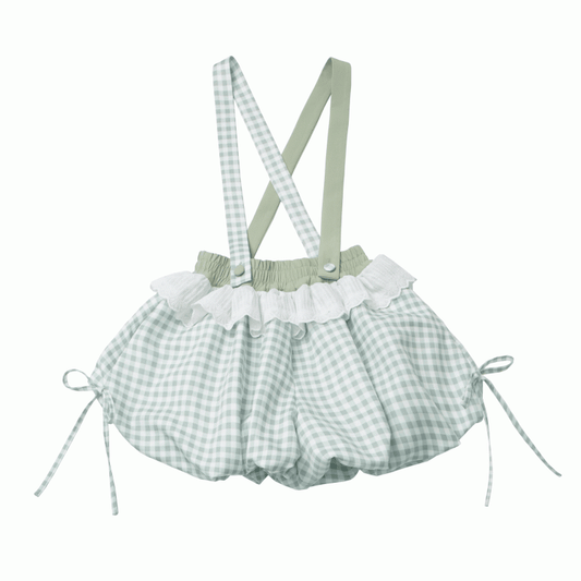 Green Plaid Overalls Bubble Shorts Detachable Shoulder Straps