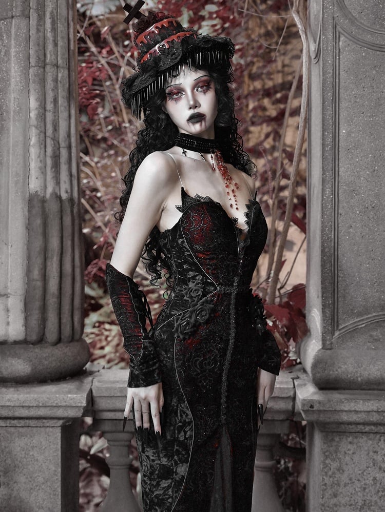 Black and Red Halloween Goth Hat with Detachable Veil