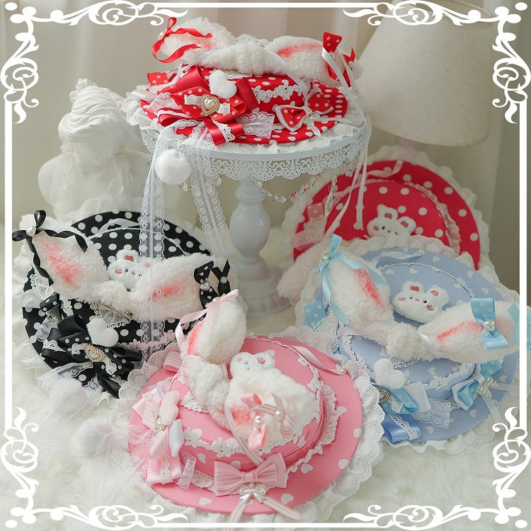 5 Color Options Polka-dot Pattern Beaded Decorated Bowknot Details Plush Bunny Ear Flat Hat