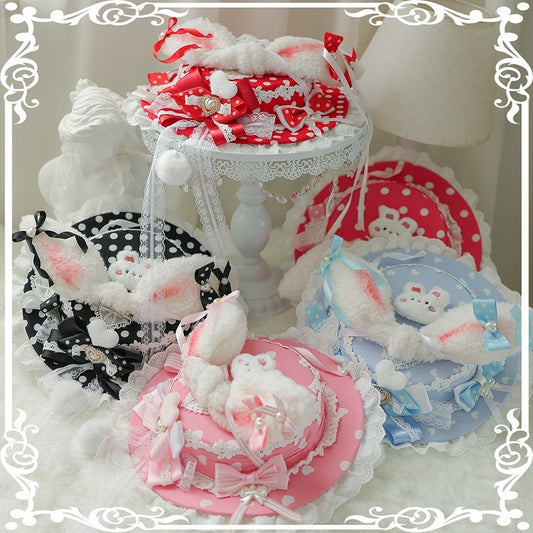 5 Color Options Polka-dot Pattern Beaded Decorated Bowknot Details Plush Bunny Ear Flat Hat