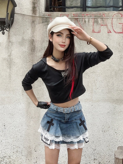 Blue Cross and Skeleton Appliques Lace Trim Glamorous Tiered Skirt