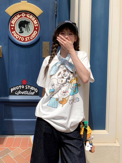 Adorable Animal Print White Round Neck Loose Cotton T-shirt