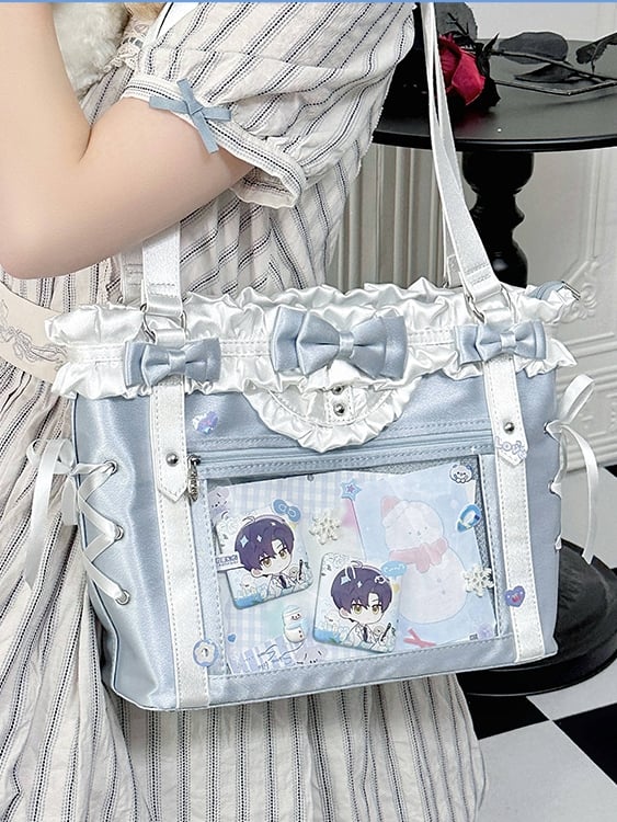 Blue&White Bowknot Details Ruffles Trim Lace-up Design Ita Bag