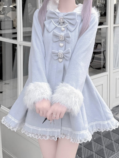 Jirai Kei Light Blue A-Line Waisted Coat with Detachable Bunny Ears Hood & Bowknots