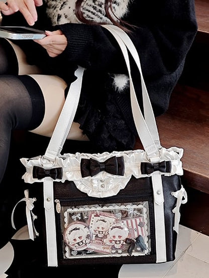 Black&White Bowknot Details Ruffles Trim Lace-up Design Ita Bag