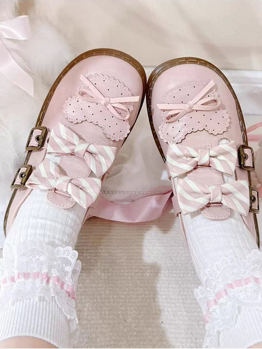 Pink Striped Pattern Bowknot Details Bear Design Lolita Flats