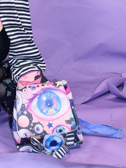 Colorful Guro Kawaii Fold-Over Flap Design Eyes Print Backpack