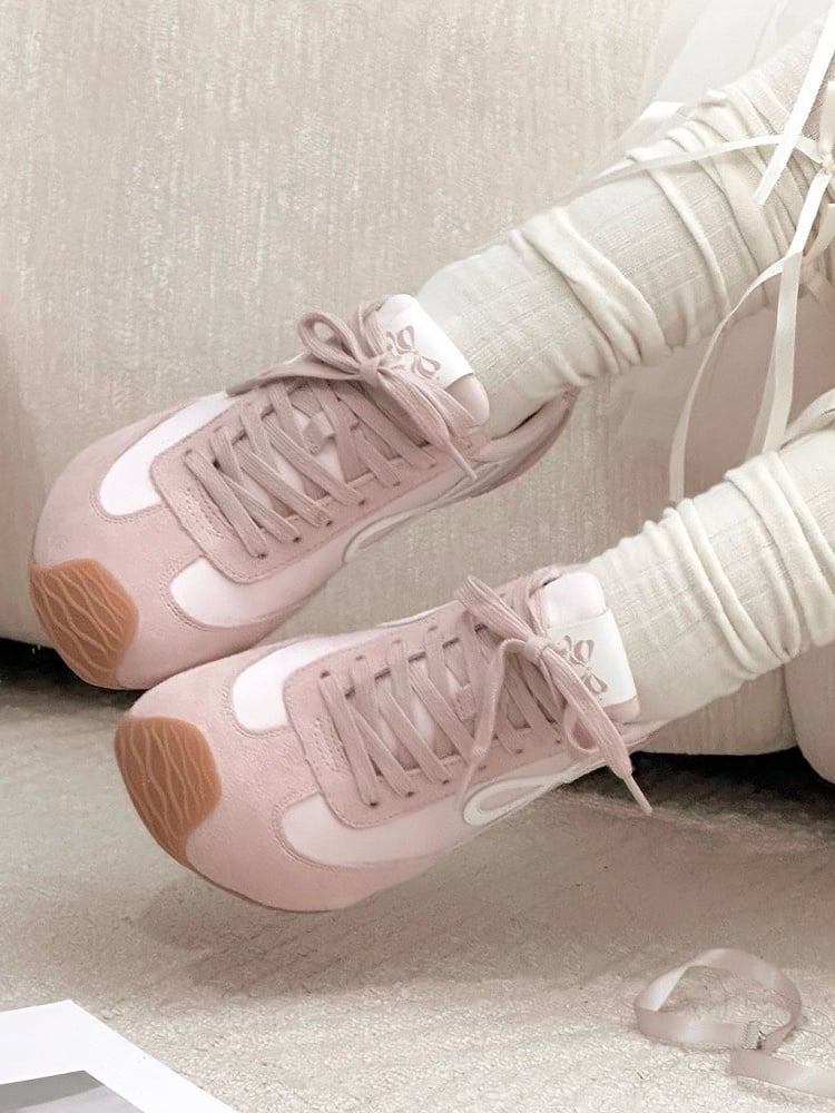 Pink Bowknot Design Front Lace-up Ties Sneakers